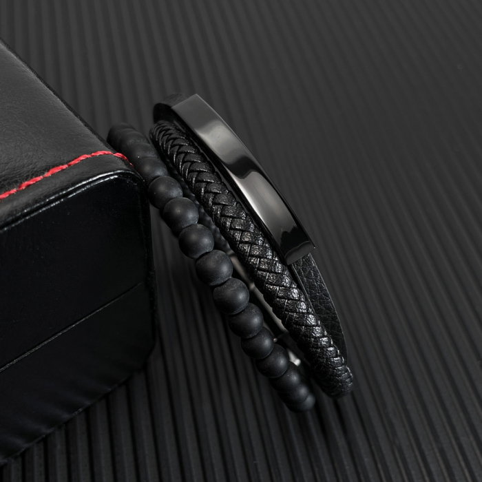 Bratara tripla inox, piele si bazalt cu placuta aurie [4]