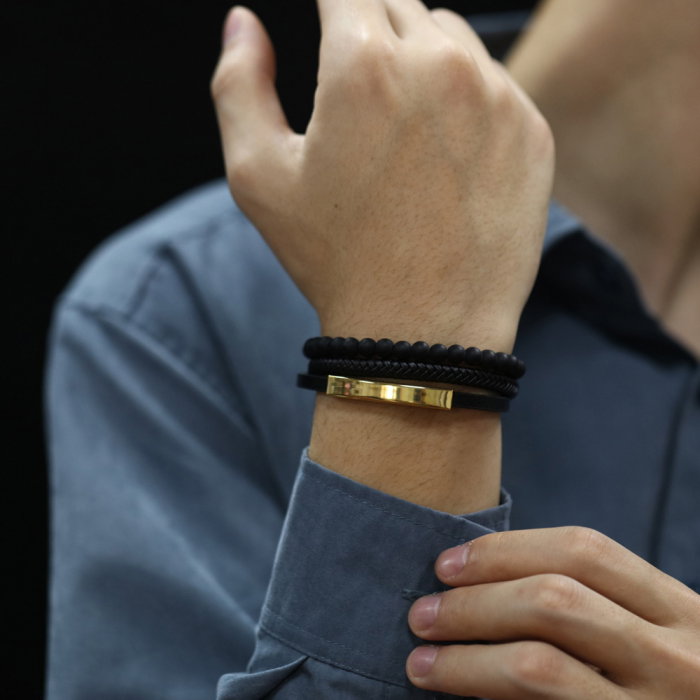 Bratara tripla inox, piele si bazalt cu placuta aurie [3]