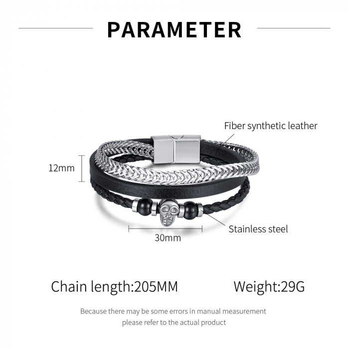 Bratara tripla inox, piele si craniu [10]