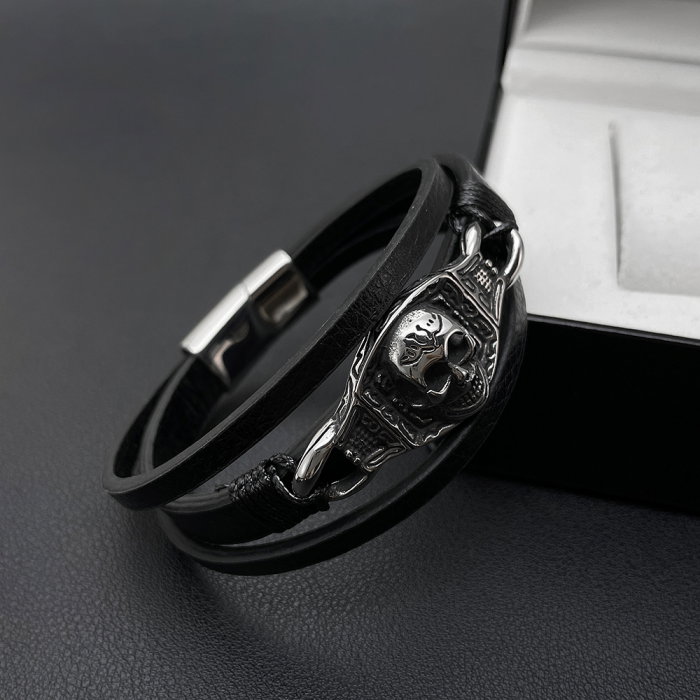 Bratara tripla inox, piele si craniu [7]