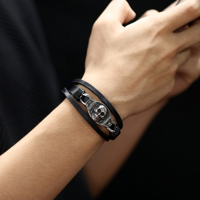 Bratara tripla inox, piele si craniu [6]