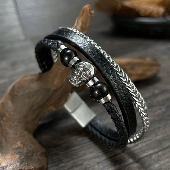 Bratara tripla inox, piele si craniu [13]