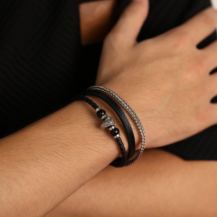 Bratara tripla inox, piele si craniu [12]