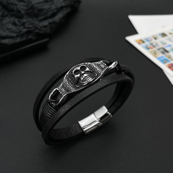 Bratara tripla inox, piele si craniu [9]