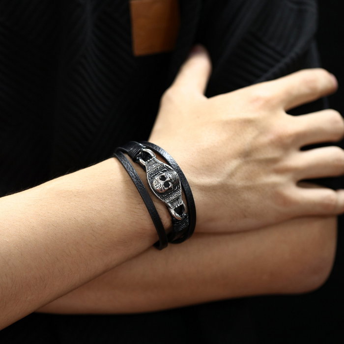 Bratara tripla inox, piele si craniu [2]