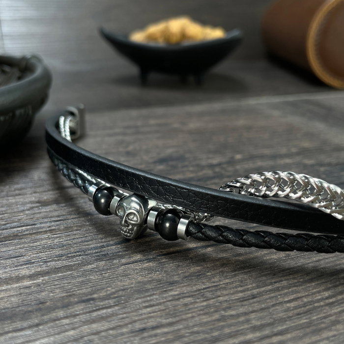 Bratara tripla inox, piele si craniu [5]