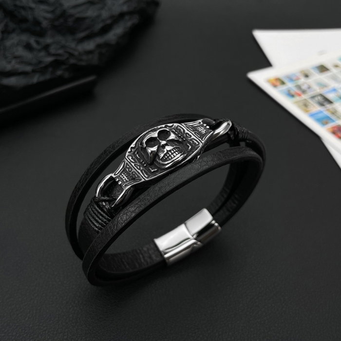 Bratara tripla inox, piele si craniu [3]