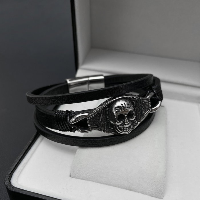 Bratara tripla inox, piele si craniu [12]