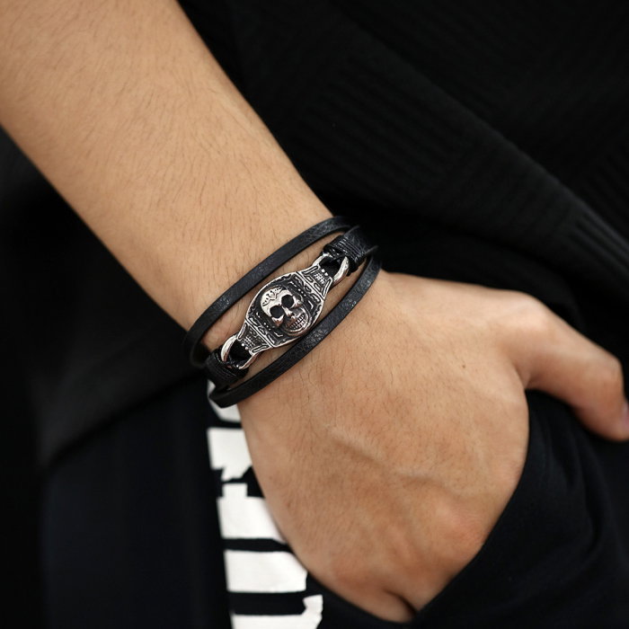 Bratara tripla inox, piele si craniu [15]