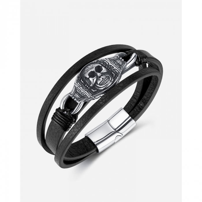 Bratara tripla inox, piele si craniu [13]