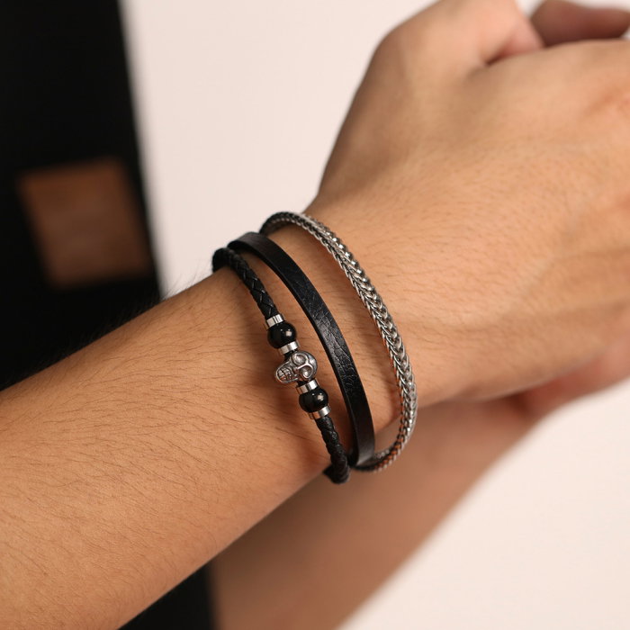 Bratara tripla inox, piele si craniu [14]