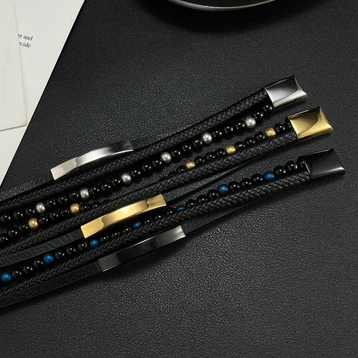 Bratara tripla inox, piele si onix [5]