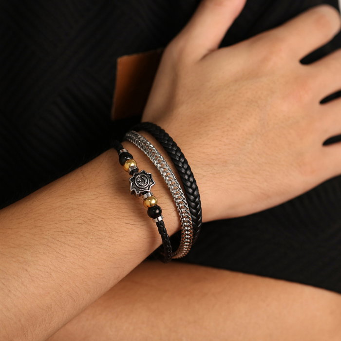 Bratara tripla inox, piele si soare vesel [14]