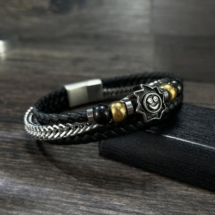 Bratara tripla inox, piele si soare vesel [13]