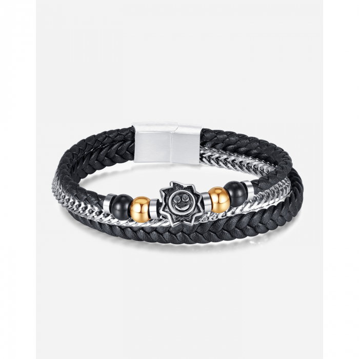 Bratara tripla inox, piele si soare vesel [15]