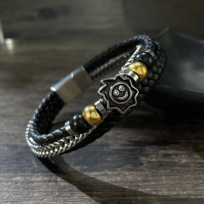 Bratara tripla inox, piele si soare vesel [9]