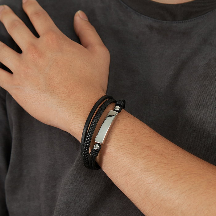 Bratara tripla inox si piele impletita [8]