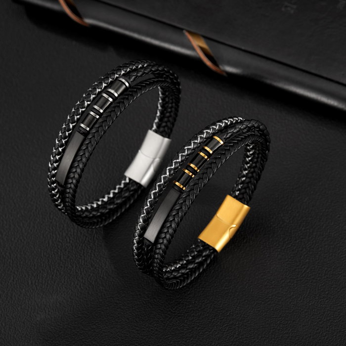 Bratara tripla inox si piele impletita [9]