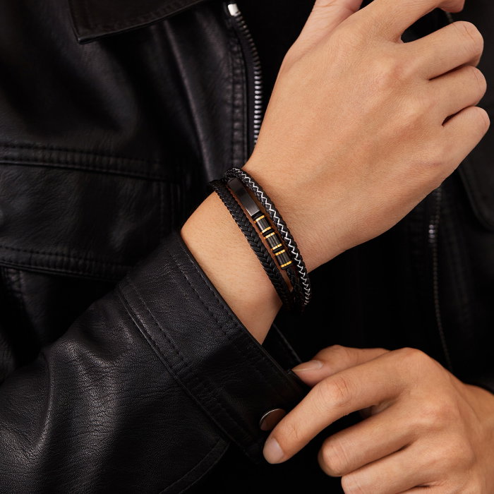 Bratara tripla inox si piele impletita [12]