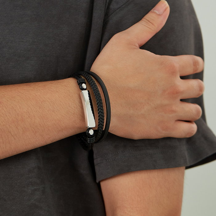 Bratara tripla inox si piele impletita [4]