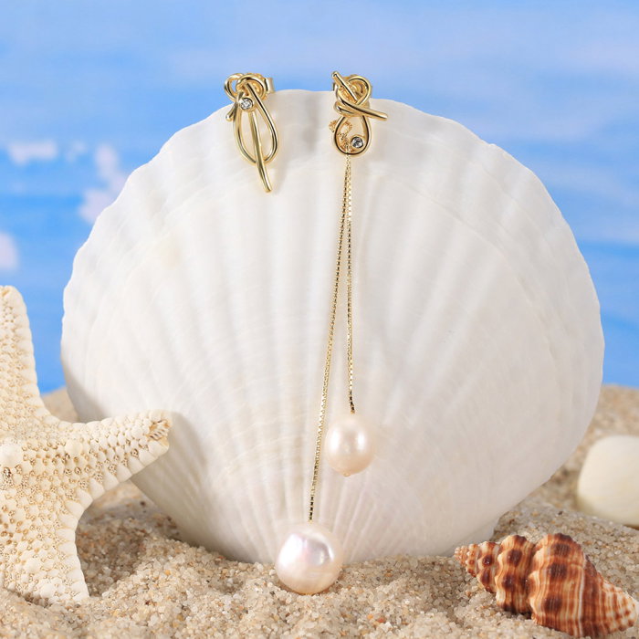 Cercei argint 925 asimetrici placati cu aur 14K cu perle naturale [3]