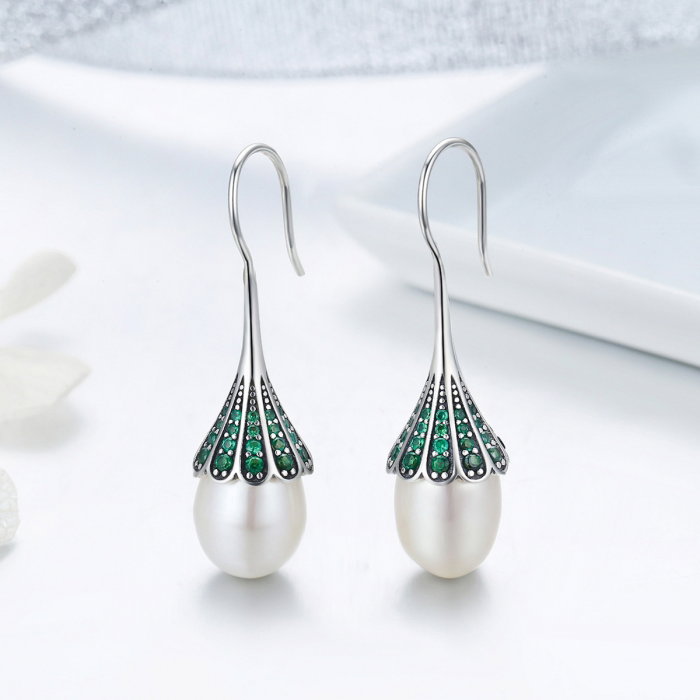 Cercei argint 925 cu perle fine si zirconii verzi - Be Nature EST0012 [5]