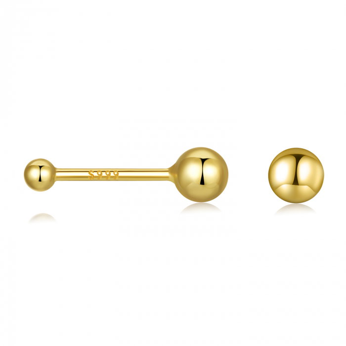 Cercei argint 999 placati cu aur, cu bilute de 2 mm, 10 mm lungime [1]