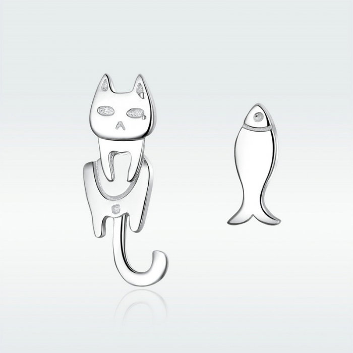 Cercei argint asimetrici pisica si peste placati cu rodiu [7]