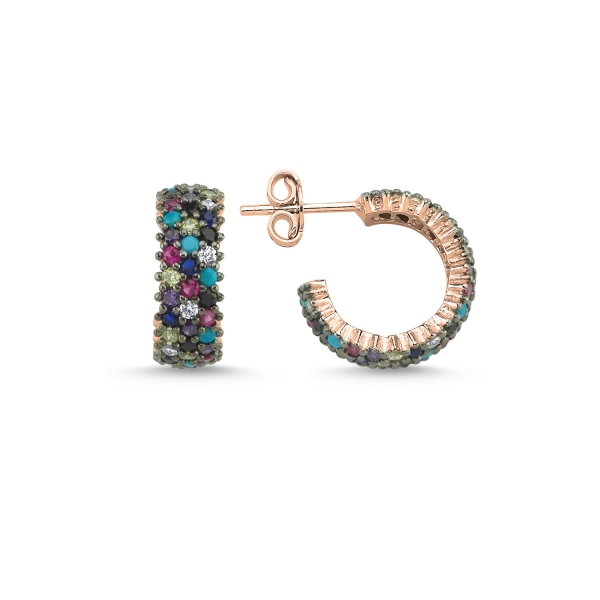 Cercei argint rotunzi Eternity cu 3 randuri de zirconii multicolore placati cu aur roz [1]