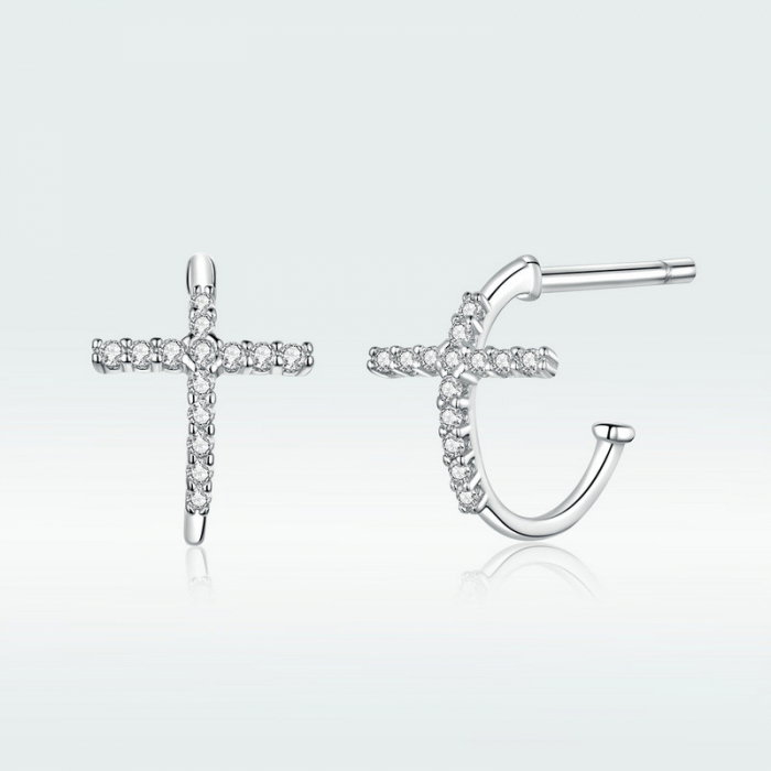 Cercei argint semicerc cu crucea moderna placati cu rodiu [2]