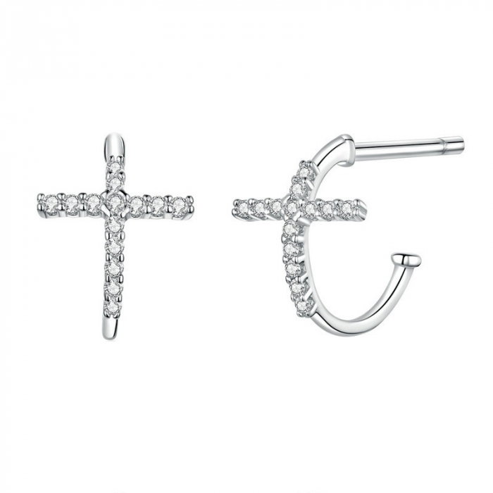Cercei argint semicerc cu crucea moderna placati cu rodiu [1]