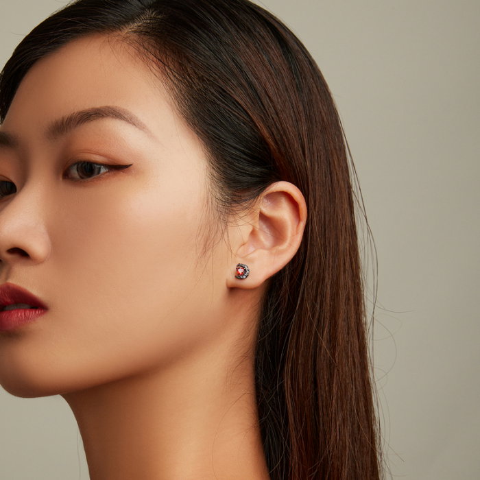 Cercei argint semiluna neagra cu inimioare rosii [4]