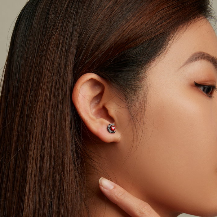 Cercei argint semiluna neagra cu inimioare rosii [6]