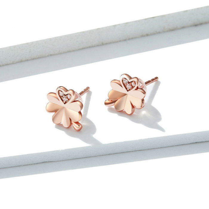 Cercei argint trifoi cu patru foi placati cu aur roz [8]