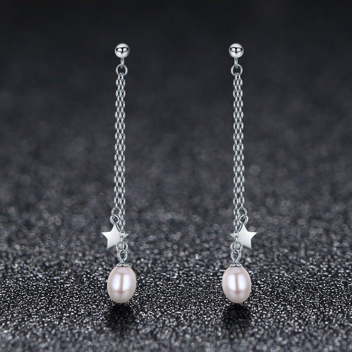 Cercei lungi din argint 925 cu perle fine, stelute si zirconii albe - Be Elegant EST0011 [2]