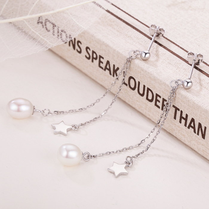 Cercei lungi din argint 925 cu perle fine, stelute si zirconii albe - Be Elegant EST0011 [5]