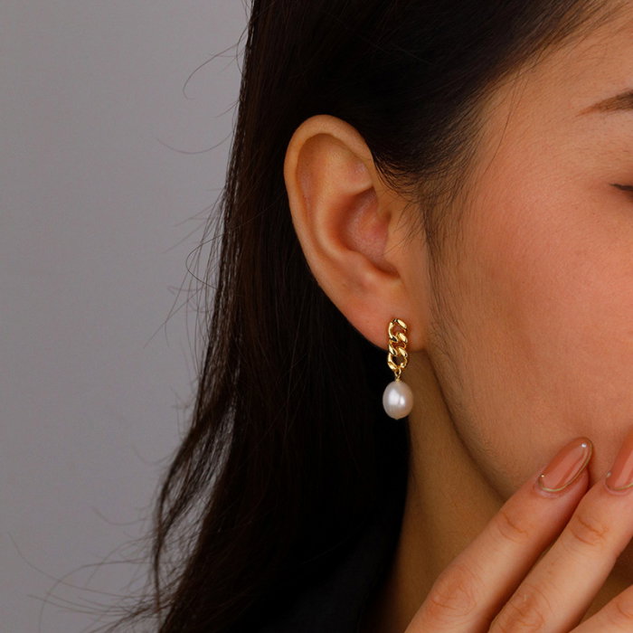 Cercei lungi din lant de inox si perla naturala [3]