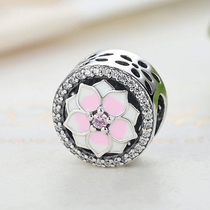 Charm argint 925 cu floare roz si zirconii albe - Be Nature PST0049 [3]