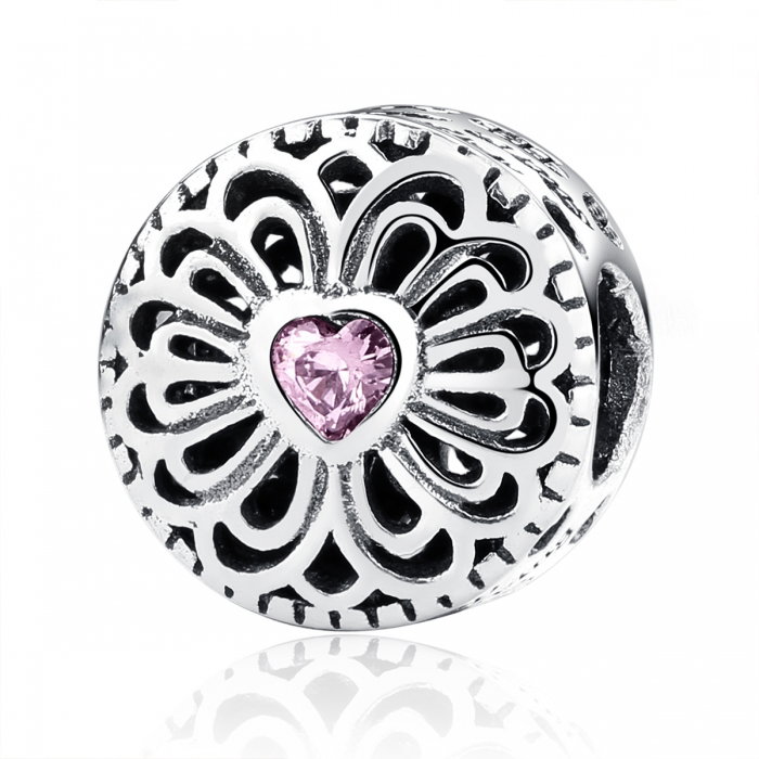 Charm argint 925 cu floare si inima roz - Friendship starts with loving hearts - Be Nature PST0041 [1]