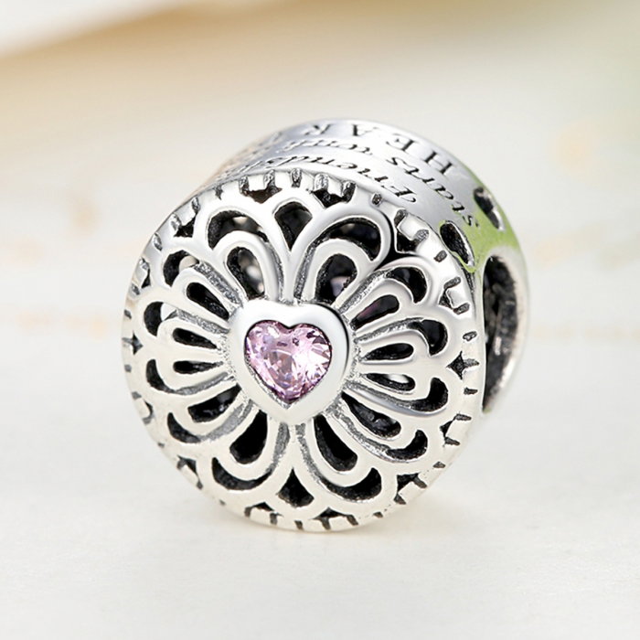 Charm argint 925 cu floare si inima roz - Friendship starts with loving hearts - Be Nature PST0041 [5]