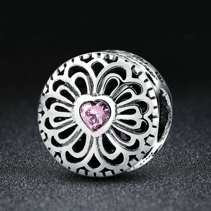 Charm argint 925 cu floare si inima roz - Friendship starts with loving hearts - Be Nature PST0041 [4]