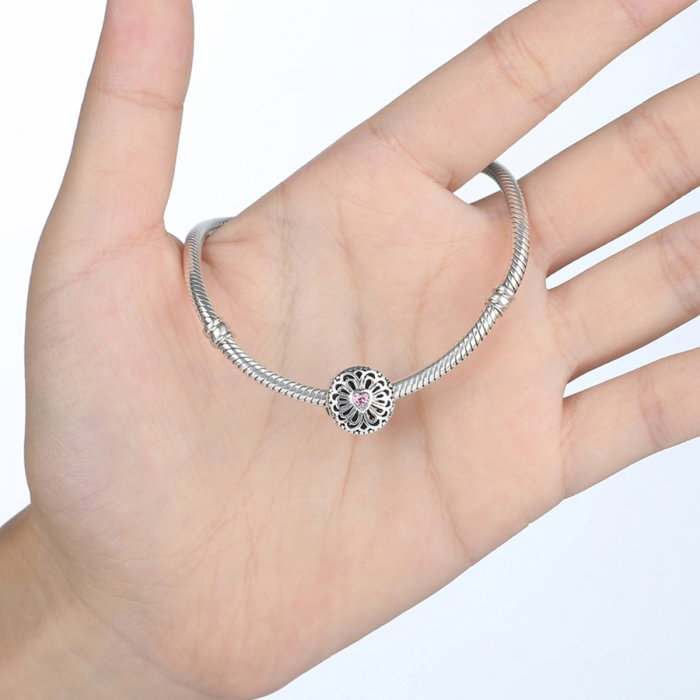 Charm argint 925 cu floare si inima roz - Friendship starts with loving hearts - Be Nature PST0041 [2]