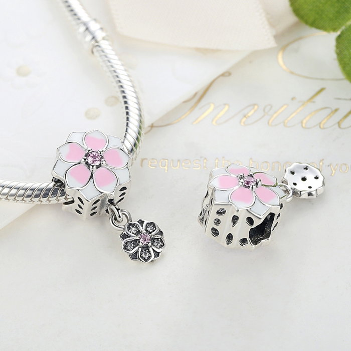 Charm argint 925 cu floricele roz si zirconii albe si roz - Be Nature PST0050 [3]