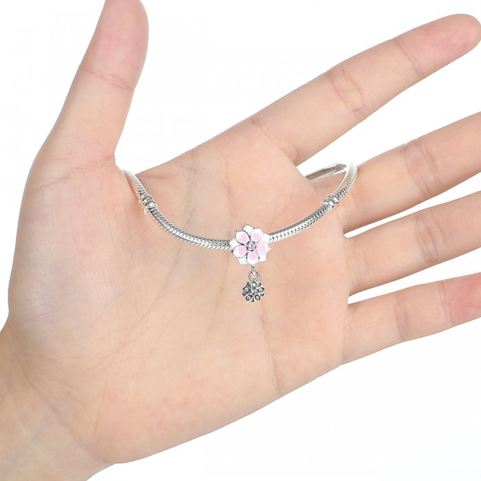 Charm argint 925 cu floricele roz si zirconii albe si roz - Be Nature PST0050 [4]