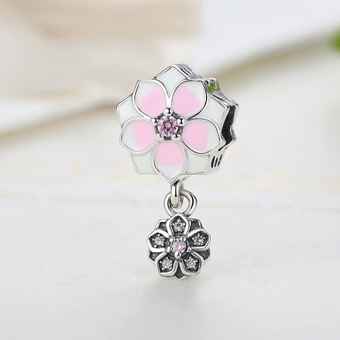 Charm argint 925 cu floricele roz si zirconii albe si roz - Be Nature PST0050 [5]