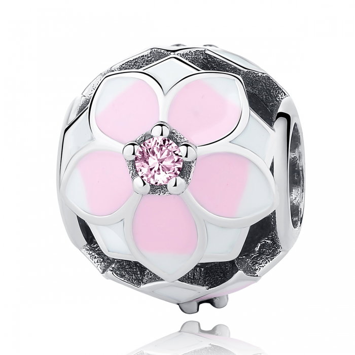 Charm argint 925 cu floricele roz si zirconii albe si roz - Be Nature PST0051 [1]