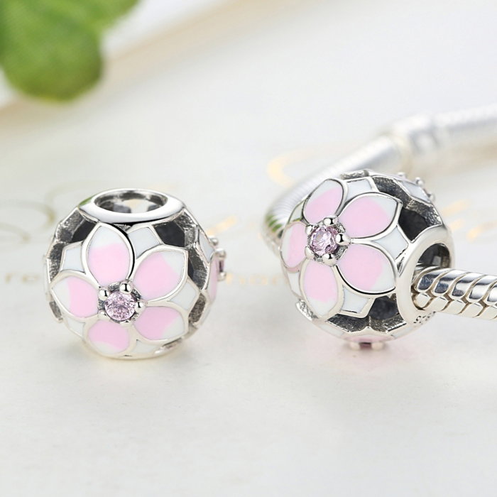 Charm argint 925 cu floricele roz si zirconii albe si roz - Be Nature PST0051 [3]
