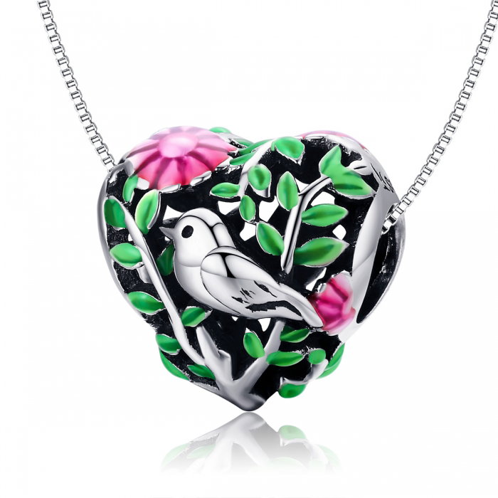 Charm argint 925 inimioara cu floricele si vrabiuta - Be in Love PST0129 [7]