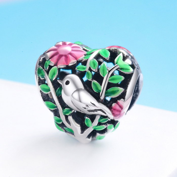 Charm argint 925 inimioara cu floricele si vrabiuta - Be in Love PST0129 [3]