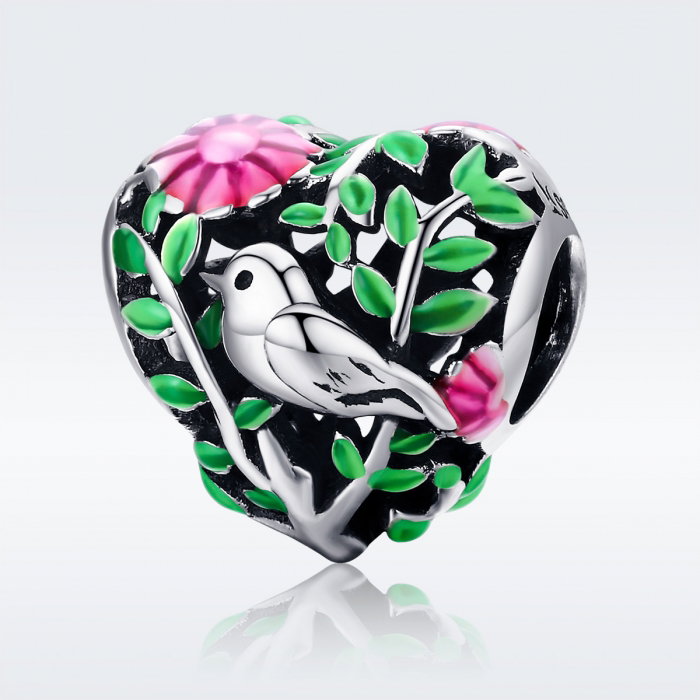 Charm argint 925 inimioara cu floricele si vrabiuta - Be in Love PST0129 [2]